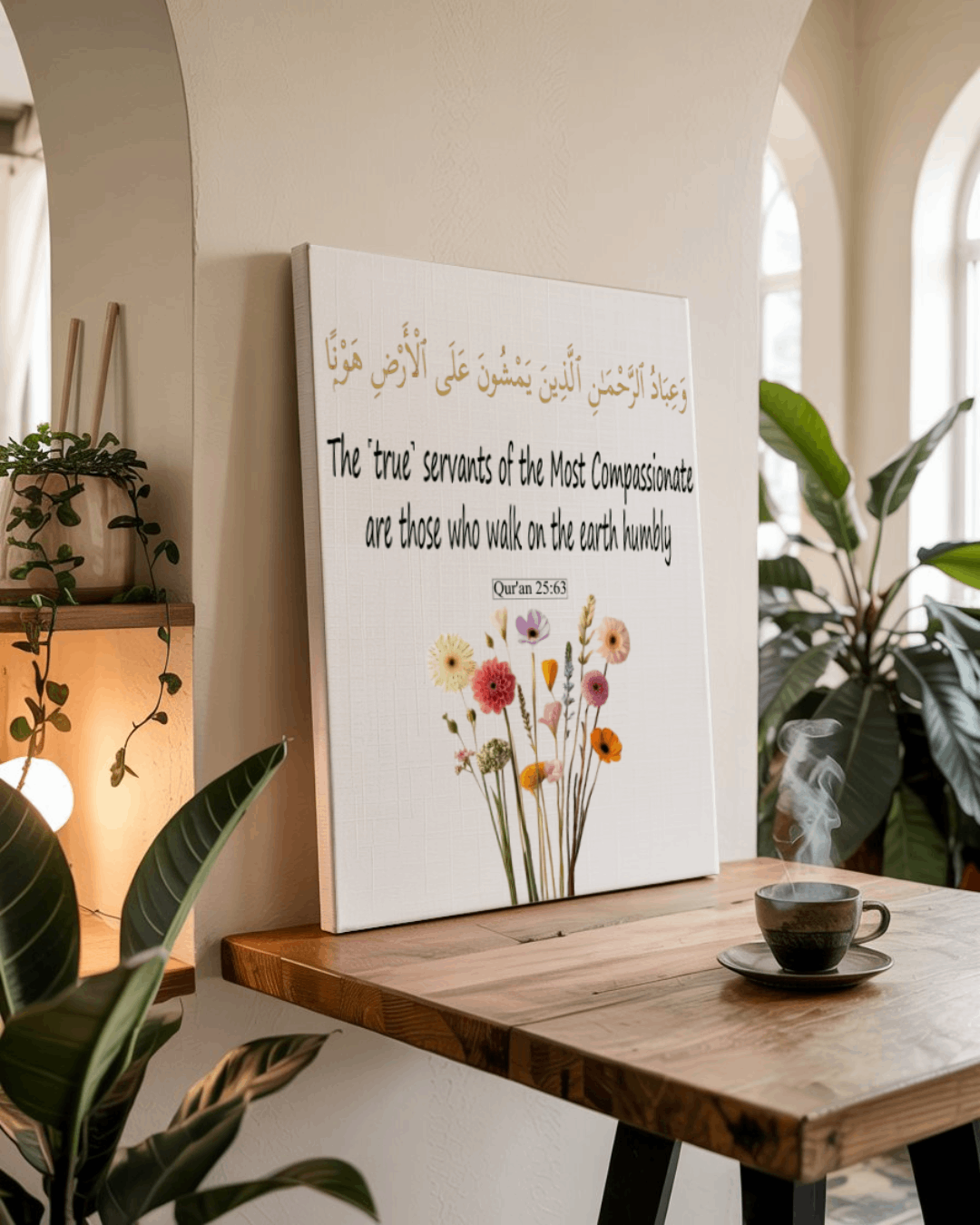 Islamic Wall Art - 'Walk Humbly' Quran 25:63 - 16x20" Frameless Canvas - Gold Arabic & Black English